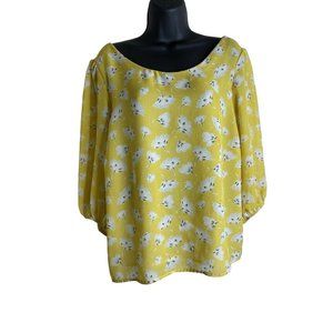 Ana Blouse Womens Size L 3/4 Sleeve Yellow White Floral Sheer Top Back Bow